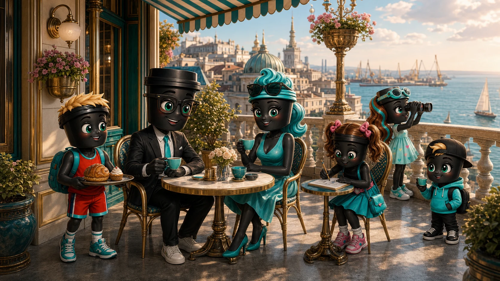 Шість персонажів Coffee Club на терасі в Одесі